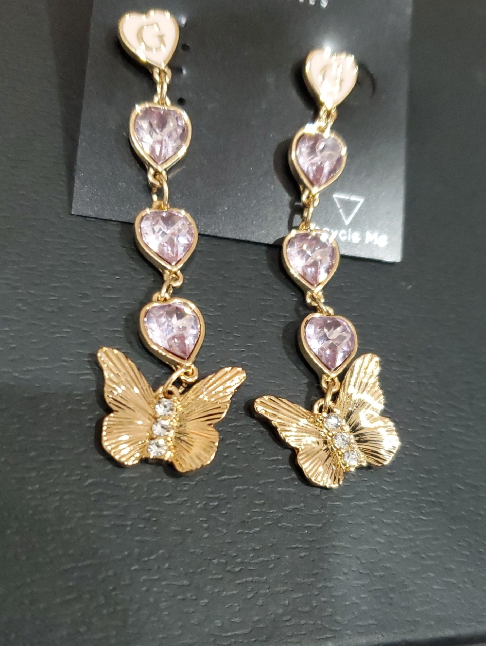 Guess pink heart G logo purple gemstone crystal  studded butterfly‎ earrings new